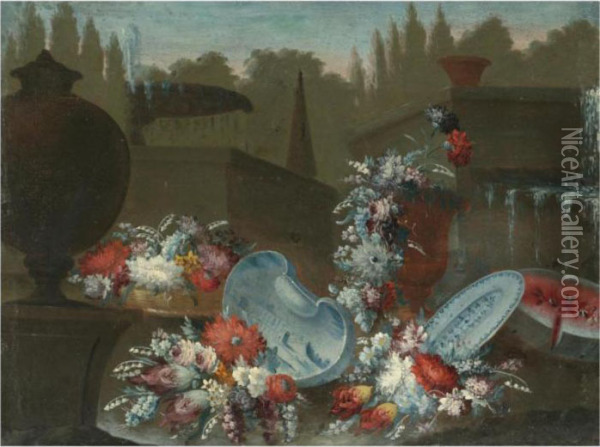 A Still Life With Bouquets Of 
Various Flowers Together With Porcelain Bowls And A Water Melon Beside A
 Fountain In A Parkland Setting Oil Painting - Giuseppe Lavagna