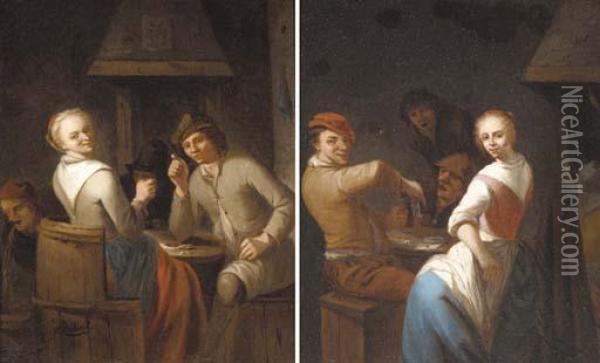 Peasants Merrymaking In A Tavern Interior Oil Painting - Gerrit Lundens