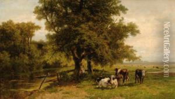 Cows In A Sunnymeadow Oil Painting - Henri M. Savry