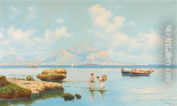 Fischende Kinder In Der Bucht Von Palermo Oil Painting - Erminio Cremp