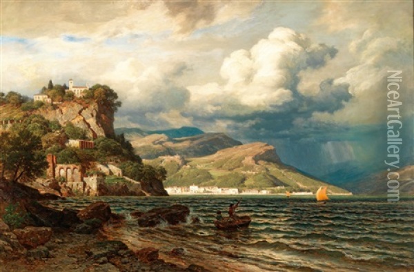 View Of Bellagio On Lake Como With View Of Menaggio On The Opposite Bank Oil Painting - Eduard Friedrich Pape