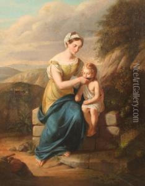 Junge Mutter Vor Bergiger Landschaft, Die Ihrem Kindeine Schale Mit Wasser Reicht Oil Painting - Johann Friedrich Overbeck