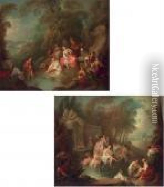 Fete Champetre With A Musician 
And A Statue Of Venus Behind; And Fete Champetre With Bathers In Front 
Of A Fountain Oil Painting - Jean-Baptiste Joseph Pater