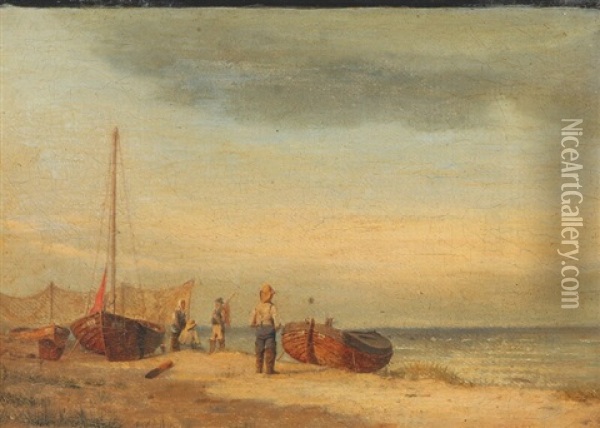 Coastal Scene With Fishermen And Boats Oil Painting - Carl Johann Neumann