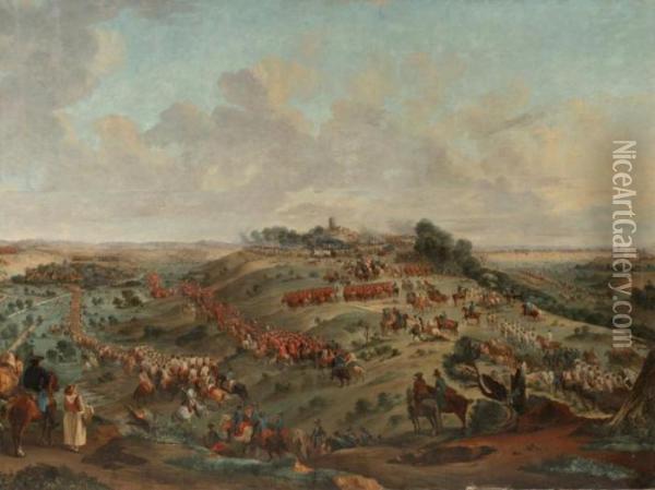 Les Mouvements De Troupes Precedant La Bataille De Fontenoy ( Oil Painting - Jean-Baptiste Le Paon