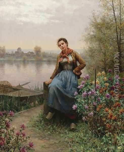 On the River's Edge Oil Painting - Daniel Ridgway Knight