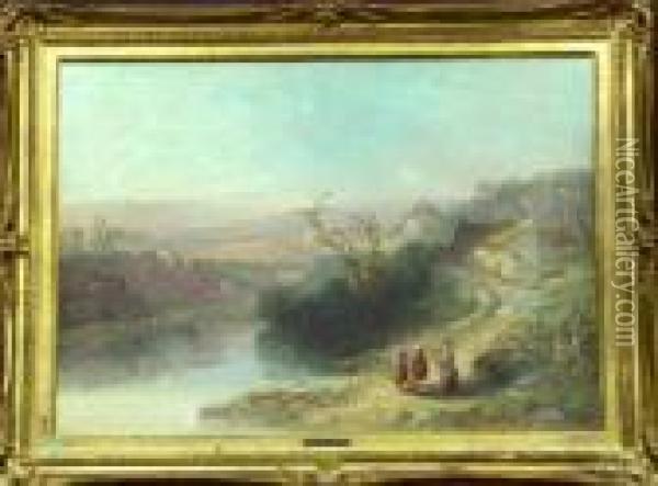 Villagers On A Country Road In An Extensive River Landscape Oil Painting - William Pitt