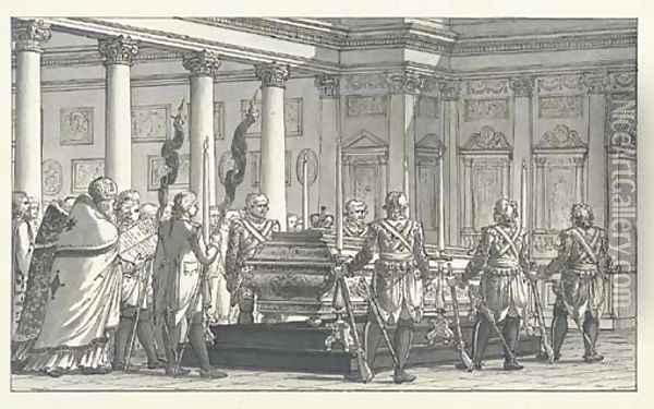 The Lying-in-State of the Emperor Paul I (1796-01), with a guard of honour, in a neoclassical interior Oil Painting - Giacomo Quarenghi