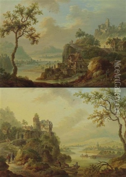 Flusslandschaft (+ Another; Pair) Oil Painting - Franz Hochecker