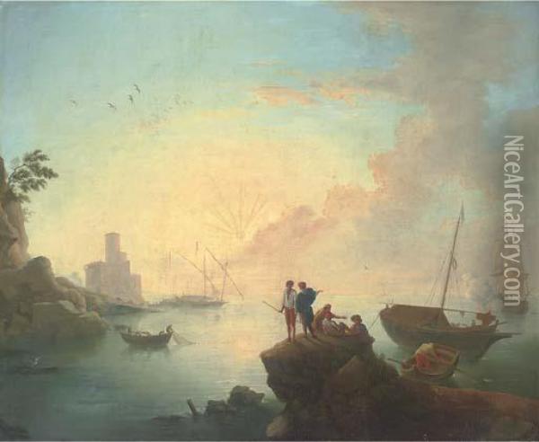 A Mediterranean Coastal Inlet With Fishermen And Anglers On A Rock Oil Painting - Claude-joseph Vernet