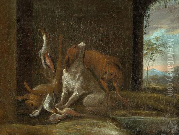 Jagdstuck Mit Hunden, Vogeln Und Einem Hasen Oil Painting - Adriaen de Gryef