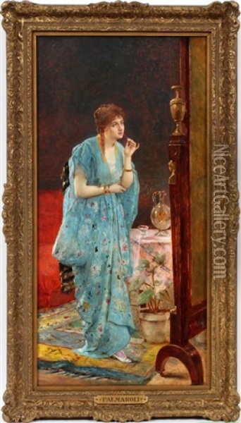 Young Woman By Mirror Oil Painting - Vicente Palmaroli y Gonzales