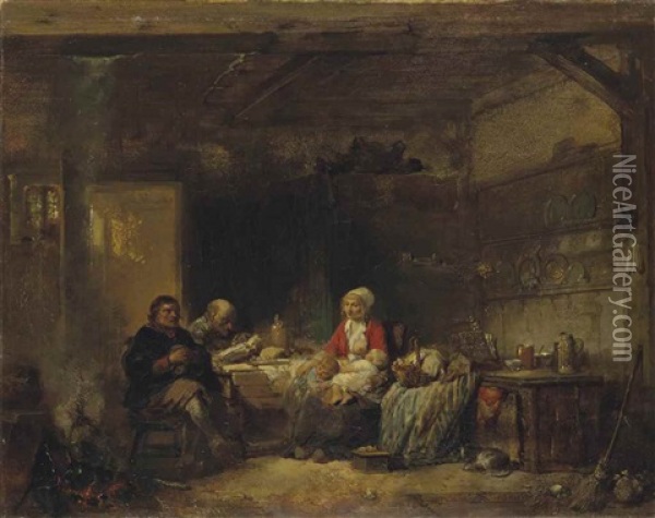 Interieur Avec Des Paysans Et Une Femme Allaitant Oil Painting - Herman Frederik Carel ten Kate
