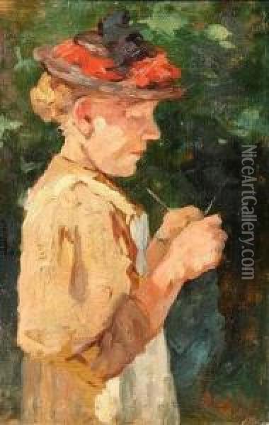 Portrait Of Woman Knitting Oil Painting - Thomas Ludwig Herbst