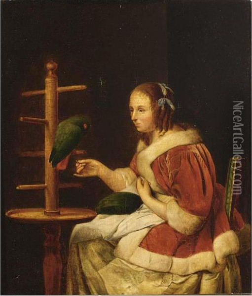 A Woman Playing The Mandoline; A Woman In A Red Jacket; Feeding A Parrot Oil Painting - Willem van Mieris