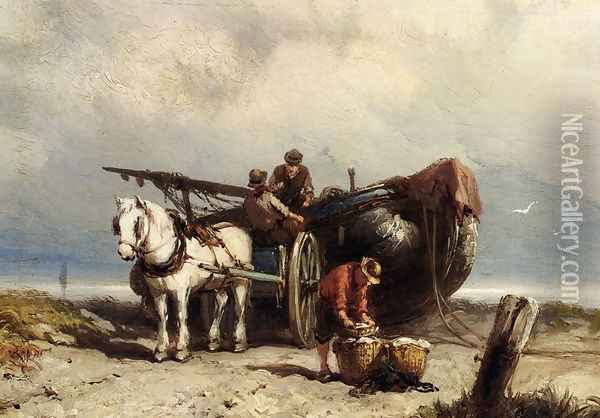 Unloading The Catch Oil Painting - Johannes Hermanus Koekkoek Snr