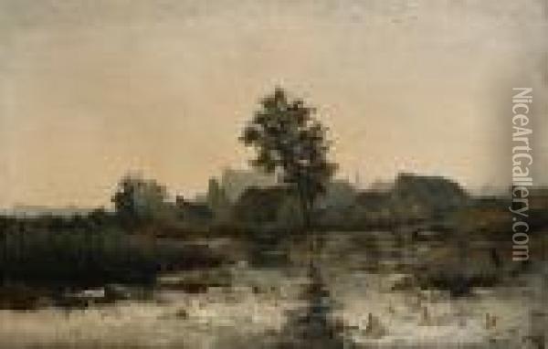 River Landscape With A Town Beyond Oil Painting - Lucien Frank