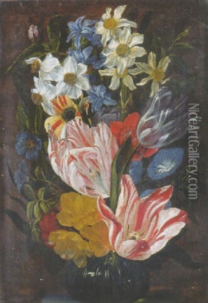Tulips, Roses, Anemones And Others Flowers In A Glass Vase On A Stone Ledge Oil Painting - Jan van den Hecke the Elder