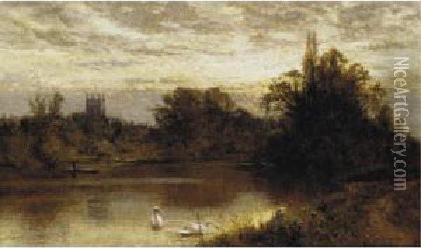 River With Swans Oil Painting - Alfred I Glendening
