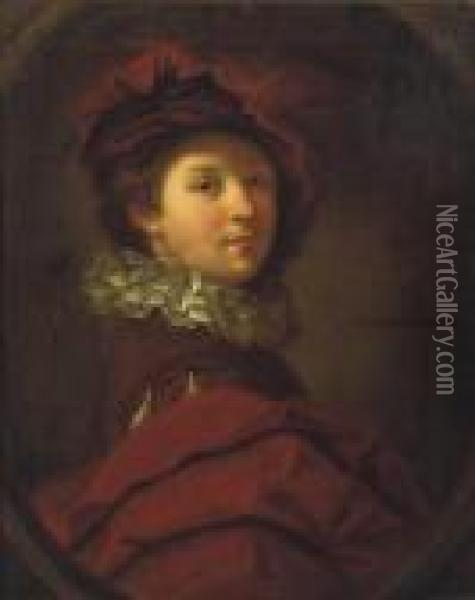 Portrait Of A Young Gentleman, 
Half-length, In A Red Costume With Awhite Collar And Red Plumed Cap, In A
 Painted Oval Oil Painting - Jean-Alexis Grimou