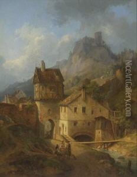 Das Obere Tor Von Riedenburg An
 Der Altmuhl Mit Der Alten Burg Rabenstein. Oil Painting - Carl August Lebschee