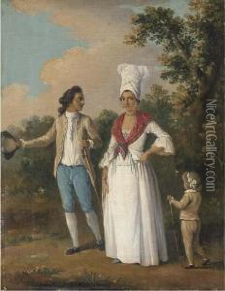 Mulattoes And A Child Promenading, Dominica Oil Painting - Agostino Brunias