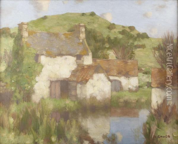 Cottages By The River Oil Painting - David Gauld