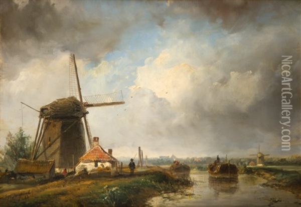 Moulins Et Barques En Hollande, 1846 Oil Painting - Johan Barthold Jongkind