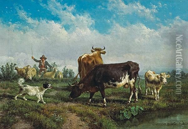 An Extensive Italianate 
Landscape With A Younggirl With Her Farm Animals In The Foreground; Also
 A Companionpainting (a Pair) Oil Painting - Antonio Milone
