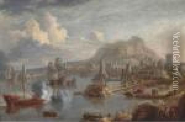 A Capriccio Coastal View Of A Mediterranean Harbour Oil Painting - Bonaventura, the Elder Peeters