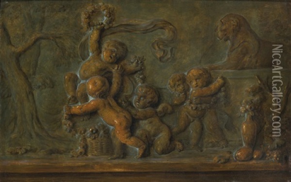 Putti Playing With A Garland Of Flowers, A Trompe-l'oeil Of A Bronze Bas-relief Oil Painting - Piat Joseph Sauvage