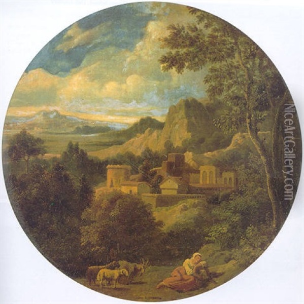 An Italianate Landscape With A Shepherdess Resting Beside Her Goat And Sheep In The Foreground Oil Painting - Giovanni Battista Busiri