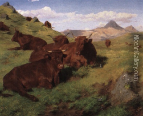 Red Cattle Resting On A Grassy Hill Oil Painting - Rosa Bonheur