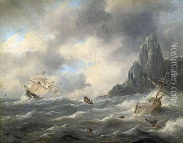 Segelschiffe In Sturmischer See Vor Felsenkuste Oil Painting - Nicolaas Riegen