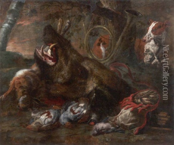 Jagdstilleben. Ein Wildschweinkopf, Zwei Rebhuhner Sowie Ein Erlegter Hase Und Ein Buntspecht Oil Painting - Jan Fyt