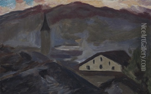 Village Et Eglise De Saint-germain, Saviese (recto/verso) Oil Painting - Ernest Bieler