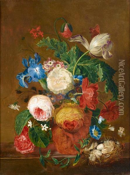 Roses, Lilies, Tulips And Other Flowers In A Vase With A Bird's Nest On A Stone Ledge Oil Painting - Jan van Os