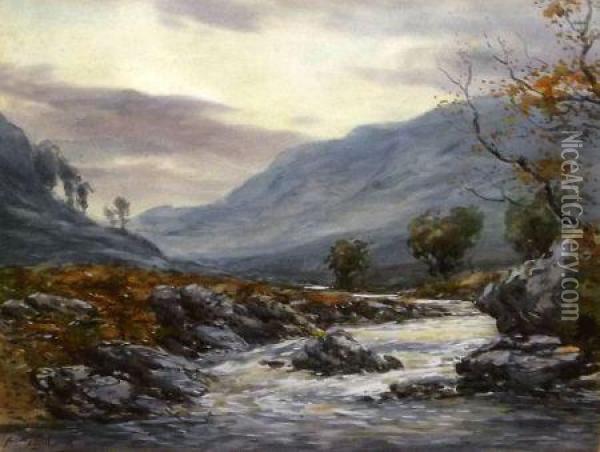 A Scottish River And Mountain Landscape 
Approaching Storm Oil Painting - John Hamilton Glass