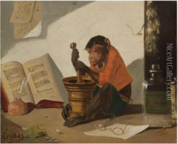 A Singerie Scene With A Simeon Alchemist Oil Painting - Vincent de Vos