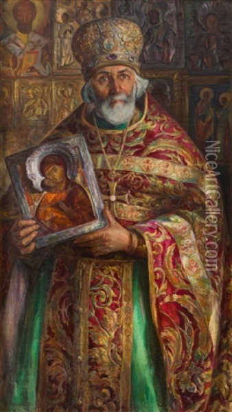 Portrait Of A Clergyman With Icon Painting Oil Painting - Helena Teodorowicz-Karpowska