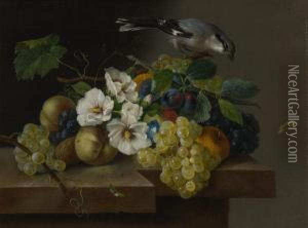 Blumen- Und Fruchtestillleben Mit Einem Vogel Oil Painting - Franz Xaver Petter