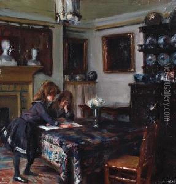Edward Boit's Daughters In His Studio Oil Painting - Albert De Belleroche
