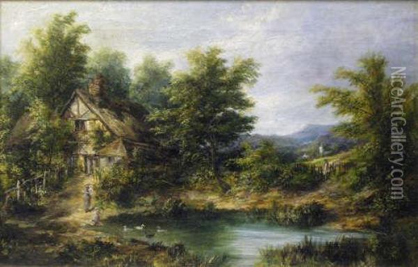 A Cottage And Figures Beside A Pond Oil Painting - Joseph Thors