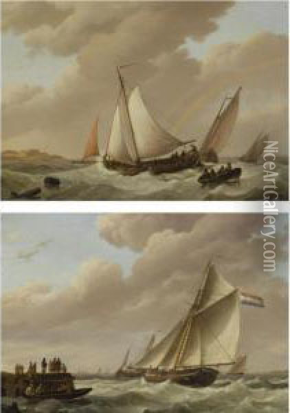 Sailing Ships Approaching The Harbour; Sailing In Choppy Waters (a Pair) Oil Painting - Johannes Hermanus Koekkoek