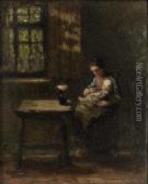 An Interior With A Mother Feeding A Child Oil Painting - Jozef Israels
