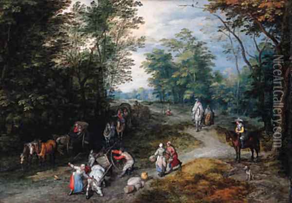 A wooded landscape with travellers Oil Painting - Jan The Elder Brueghel