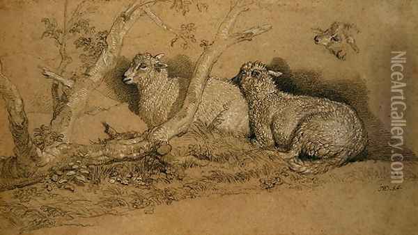 Sheep Resting in a Wooded Copse and a Study of the Head of a Sheep Oil Painting - James Ward
