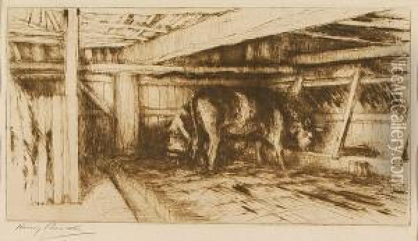 Stable Interior With Cattle Feeding Oil Painting - Harry Becker