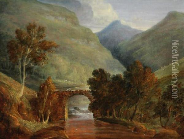 Mountain Landscape With Stone Bridge Oil Painting - William Henry Crome