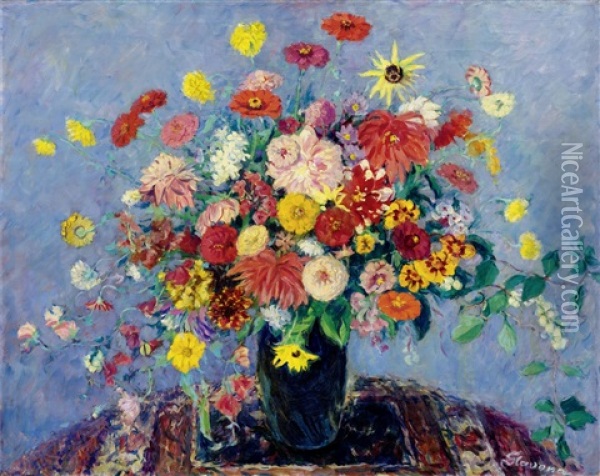 Bouquet Of Flowers On A Persian Carpet Oil Painting - Maria Slavona